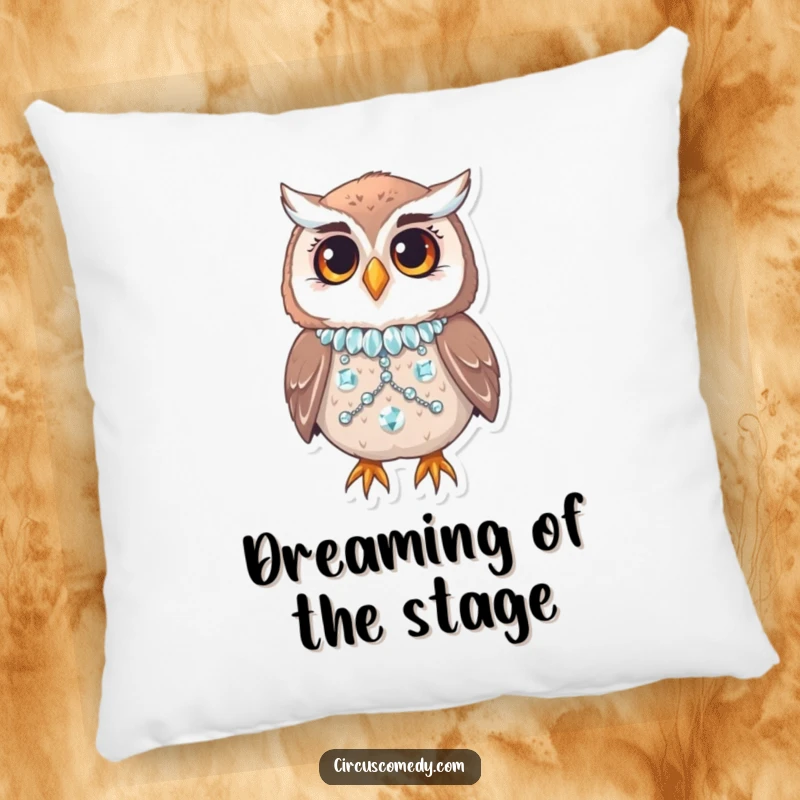Funny owl in a sequined costume blinking on a plush pillow, a delightful and humorous accent.
