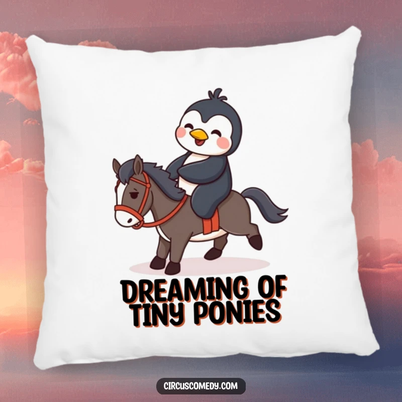 A funny depiction of a penguin attempting to ride a tiny horse, printed on a soft pillow for humorous home decor.