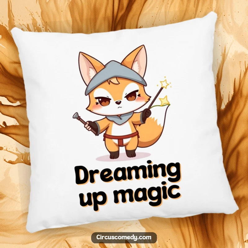 Funny Fox Magician Pillow: A soft decorative pillow featuring a determined fox performing a magic trick with a wand.
