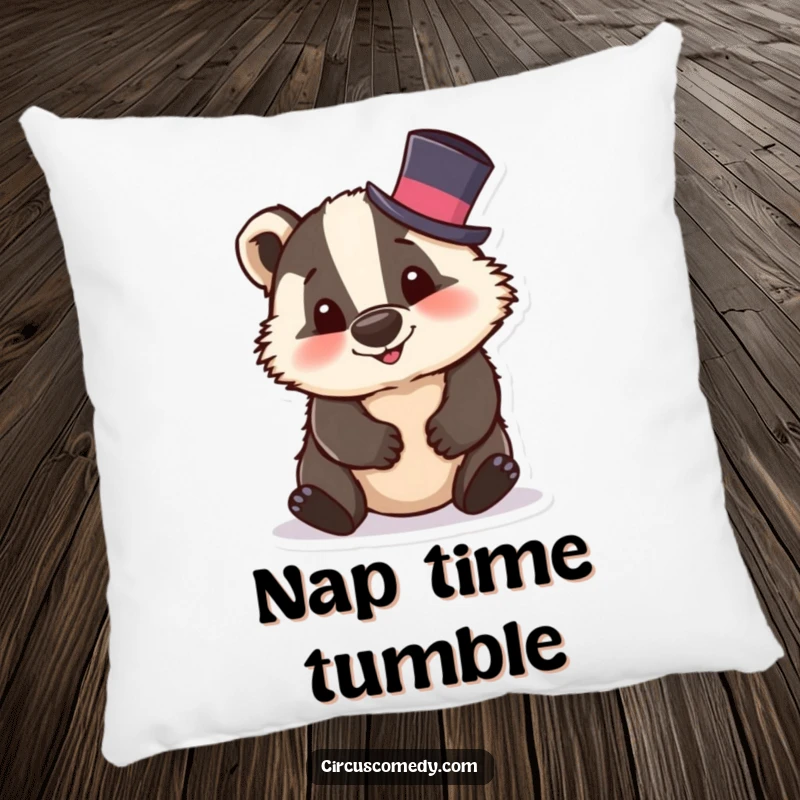 Funny badger pillow depicting a silly badger in a tiny top hat, tumbling with a comical expression, adding plush fun.