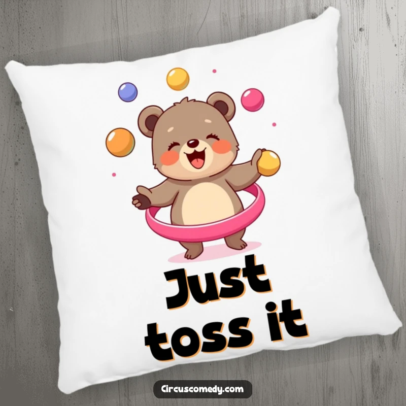 Funny bear cub pillow, caught in a moment of juggling colorful balls with glee, offering comfort and humor, a cute decorative item.