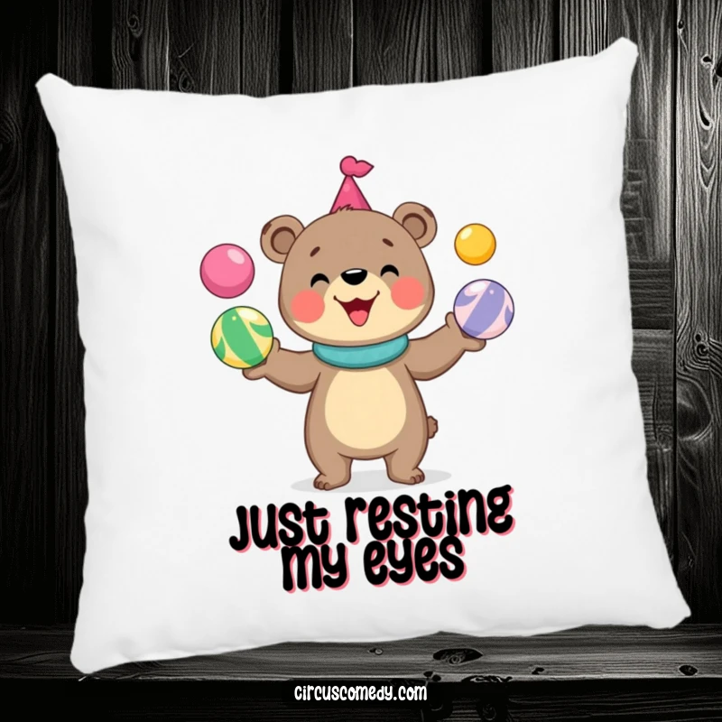 Funny bear pillow featuring a cute, happy bear expertly juggling a rainbow of circus balls, adding plush humor to any room.