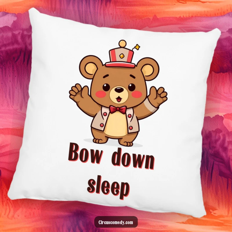 Funny Pillow: A triumphant bear in a ringmaster hat, taking a bow.