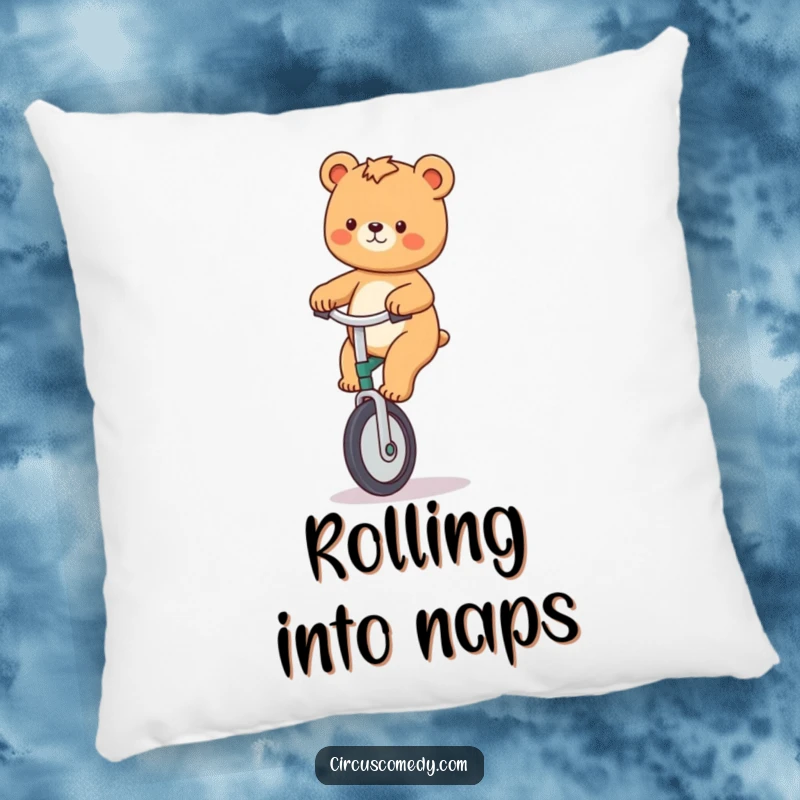 Funny pillow featuring a playful bear riding a unicycle, looking happy and perfectly balanced for comfort.