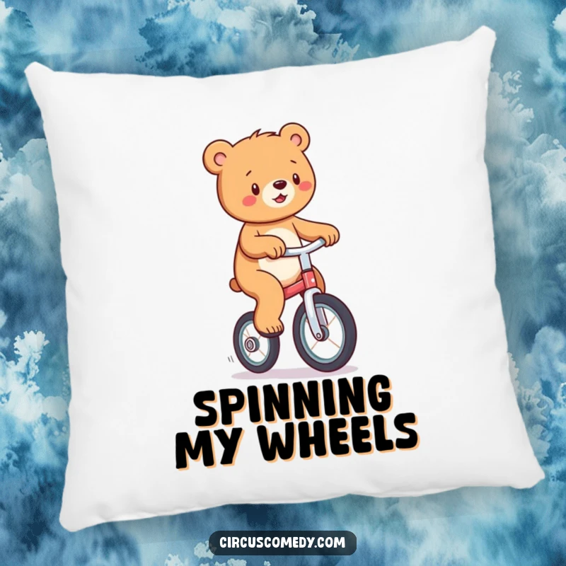Funny pillow with a delighted bear riding a unicycle, adding a touch of playful circus fun to any seating area.