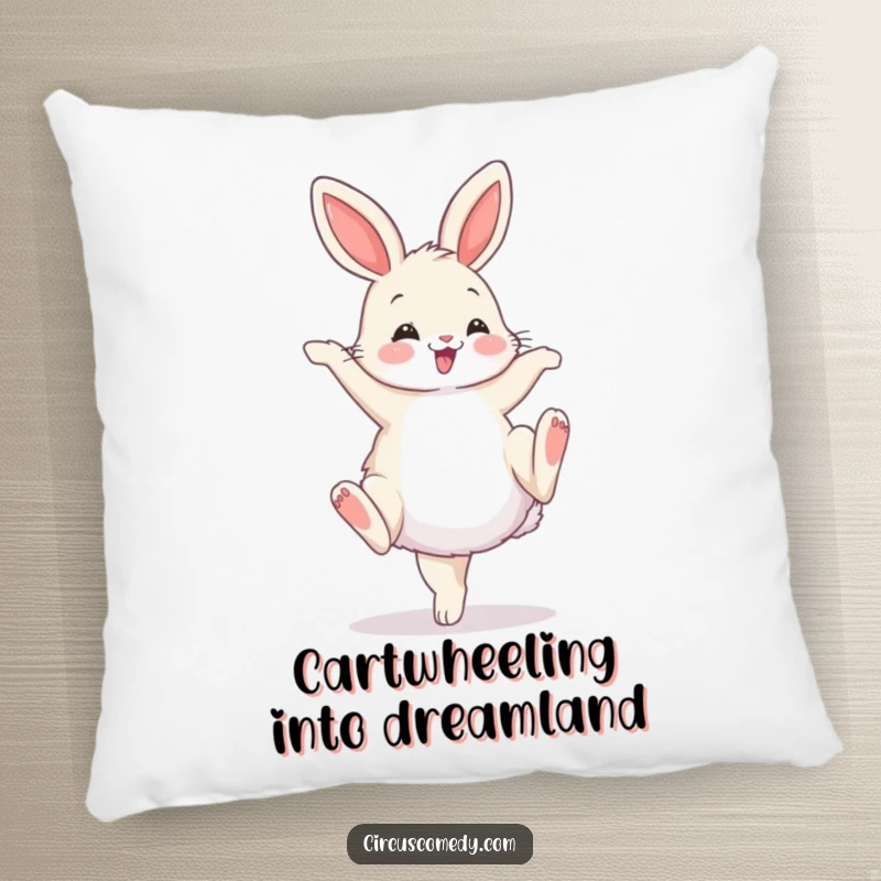 Funny pillow design of a fluffy bunny performing a cartwheel with a flourish, offering soft comfort and playful charm.
