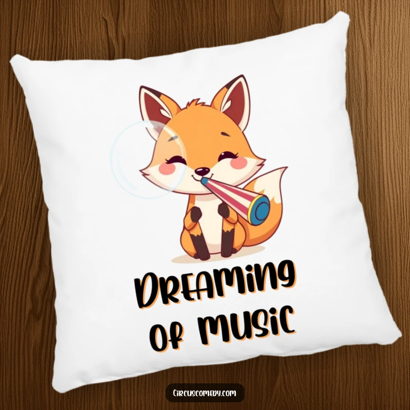 Funny fox pillow depicting a cheerful fox blowing a large bubble from a circus whistle, adding plush fun and whimsical charm.