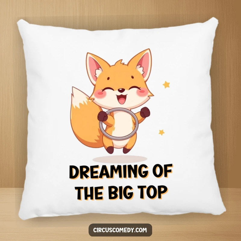 Funny fox pillow, a joyful fox catching rings with a hoop, soft decor with a playful and humorous theme.