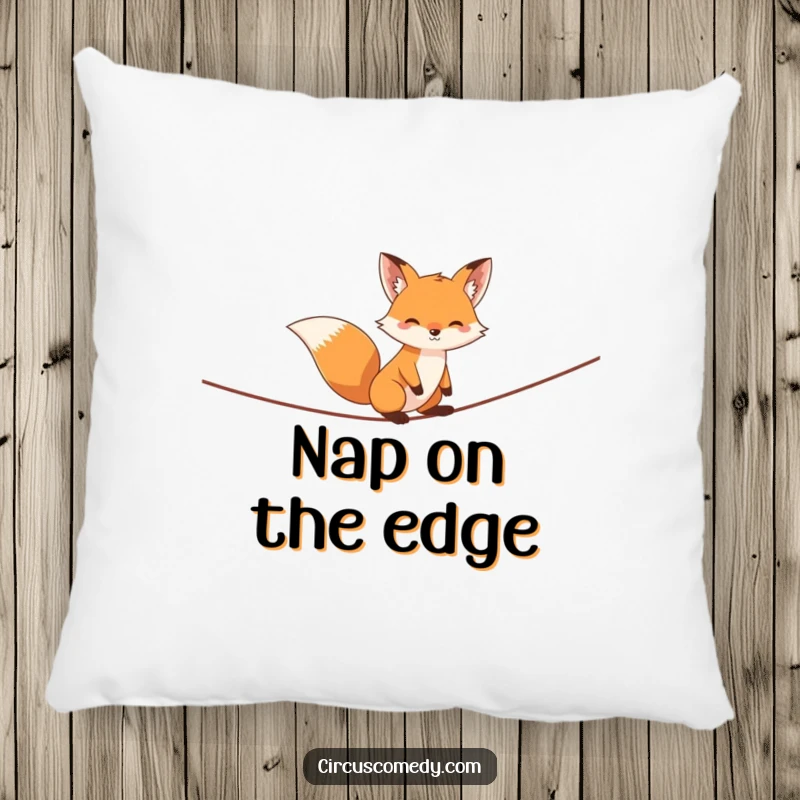 Funny fox pillow, depicted balancing precariously on a tightrope, offering comfort with a mischievous charm, a humorous decorative accent.