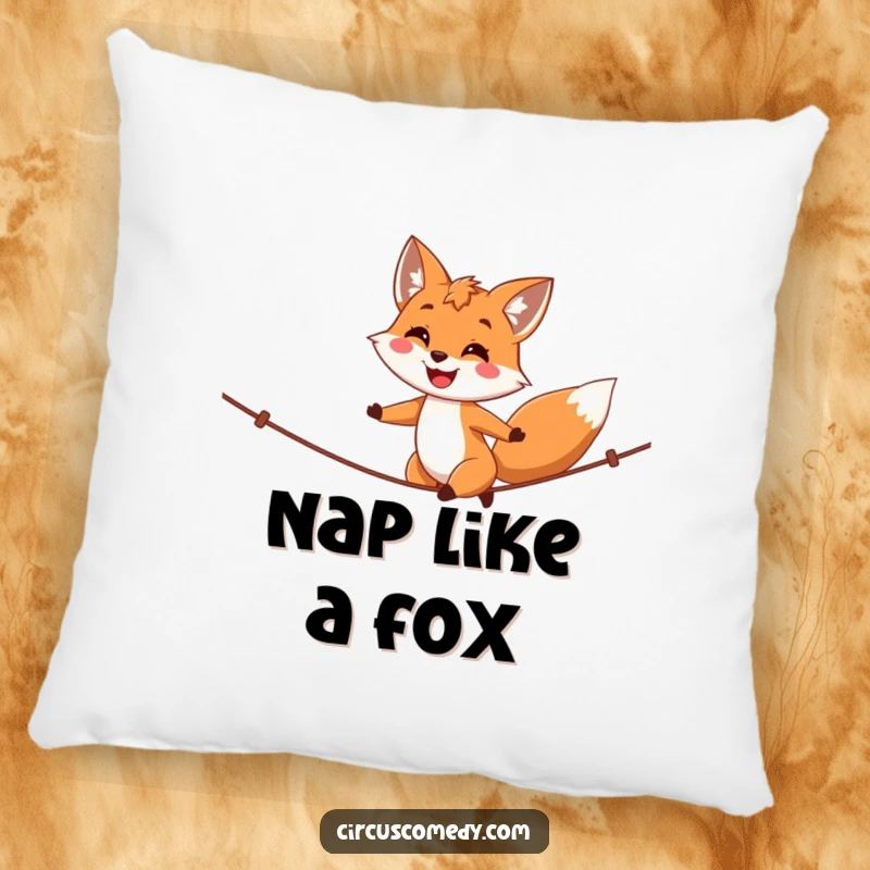 Funny fox pillow, a happy fox balancing on a tightrope with a proud smile, soft and humorous home decor.