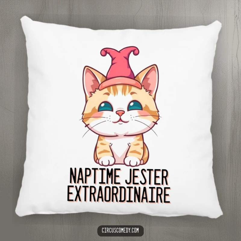 Funny cat pillow, a contented cat wearing a jester hat, soft decor with a humorous and charming theme.