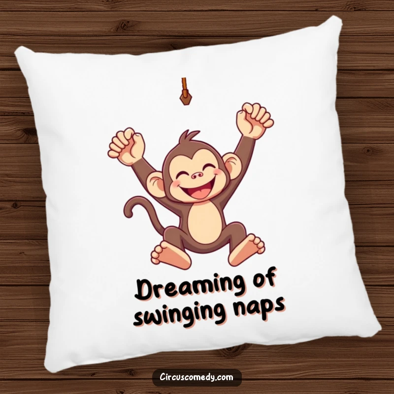 Funny pillow design of a grinning monkey swinging joyfully from a trapeze, offering soft comfort and playful charm.