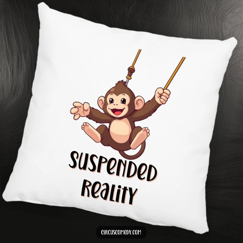 Funny pillow with a focused monkey swinging from a trapeze, adding a touch of playful adventure to any room.