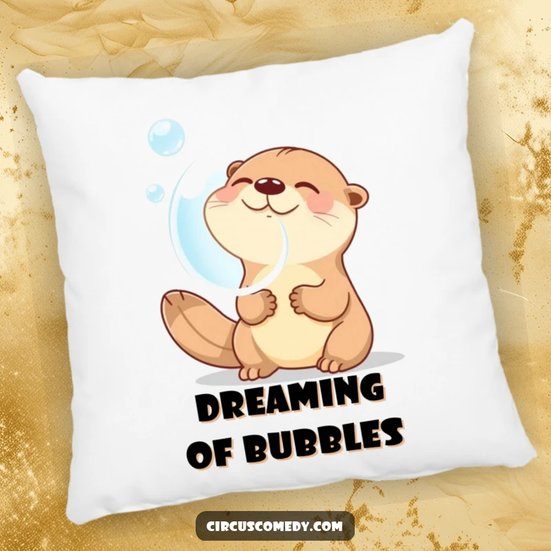 Funny pillow featuring a cute, giggling otter blowing a large, shimmering bubble, perfect for adding a touch of playful comfort to any space.