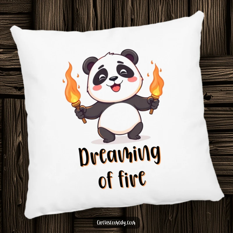 A happy panda juggling flaming torches, a soft and humorous pillow for cozying up with a fiery spirit.