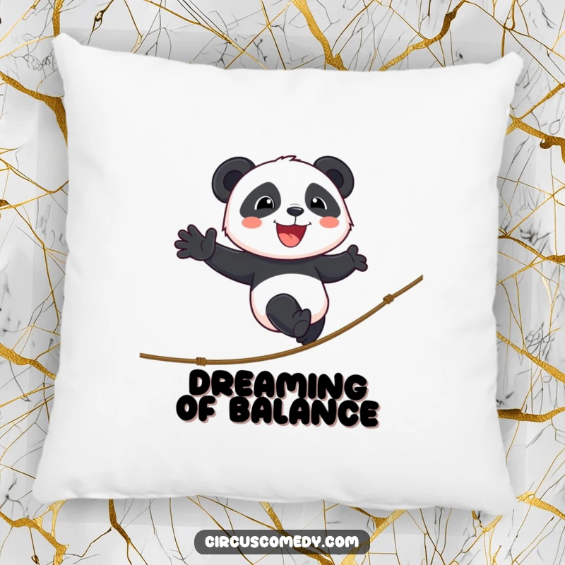 Funny panda pillow depicting a smiling panda walking a tightrope with cheerful determination, adding plush comfort and inspiration.