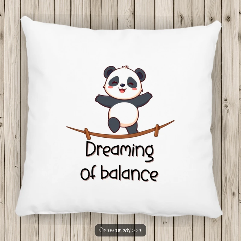 Funny panda pillow featuring a smiling panda walking a tightrope with cheerful determination, perfect for sofas.