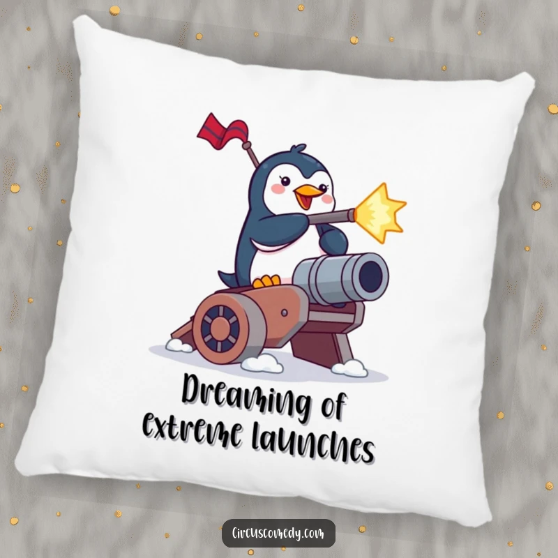 Funny penguin pillow, a brave penguin launching from a cannon, soft decor with a humorous, daring theme.