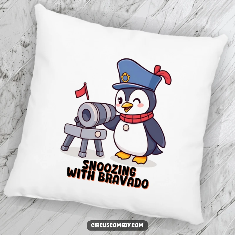 Funny Ringmaster Penguin Pillow: A brave penguin in a circus outfit winks at a tiny cannon, a soft and humorous decor item.