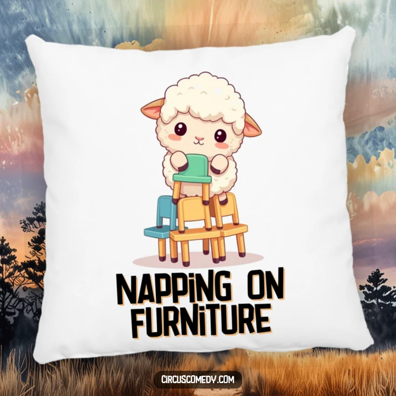 A funny depiction of a fluffy sheep balancing a stack of tiny chairs on a soft pillow, adding humorous decor.