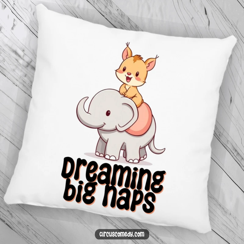 Funny squirrel pillow, a cheerful squirrel riding an elephant, soft and humorous home decor.
