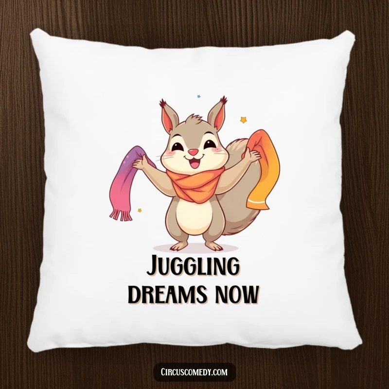 Funny pillow featuring a happy squirrel juggling brightly colored scarves, perfect for adding a splash of color and whimsical comfort.