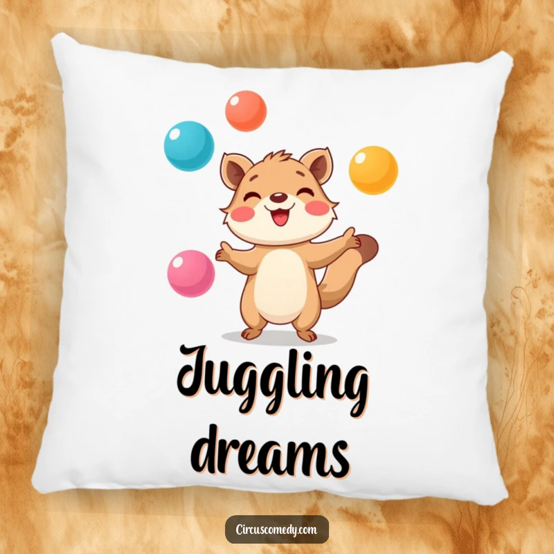 Funny Pillow: Smiling animal with great focus, juggling colorful balls, bringing whimsical charm and humor to comfort.