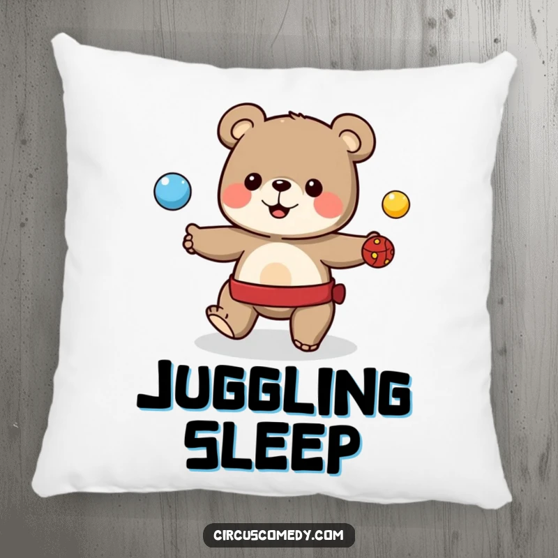 Funny pillow showcasing a cute bear juggling colorful balls, perfect for adding humorous circus comfort.