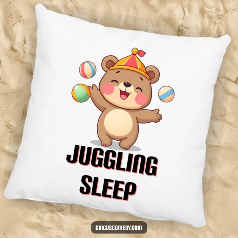 Funny bear pillow featuring a cute bear juggling colorful circus balls with a happy grin, perfect for sofas.