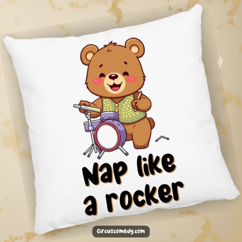 Funny bear drummer in a sequined vest, blissfully playing a tiny drum set, radiating pure joy and musicality.