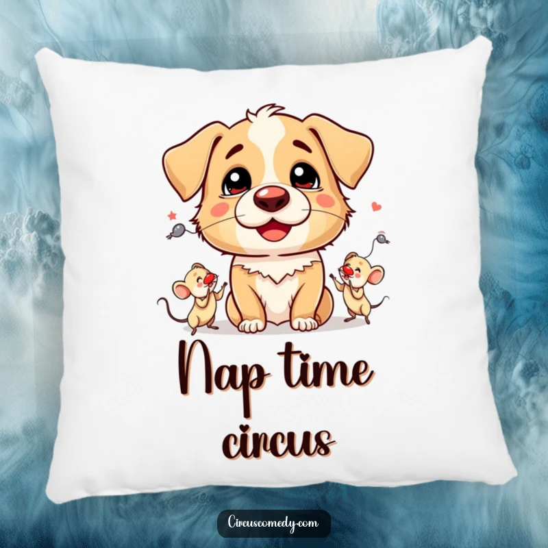 Funny Pillow: A cute dog with a small clown nose, juggling three little mice with glee.