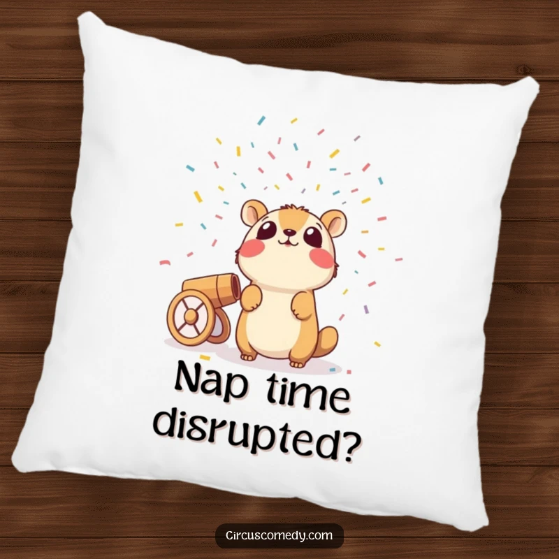 Funny decorative pillow with a surprised animal looking up at a confetti cannon, perfect for adding humor to any room.