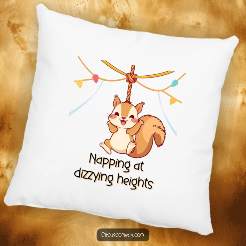 Funny squirrel mid-air, swinging from a circus tent rope, designed on a soft pillow for a humorous and comfortable accent.