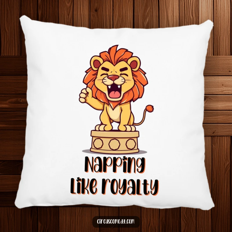 Funny pillow design of a determined lion playfully roaring from a pedestal, offering soft comfort and a touch of might.