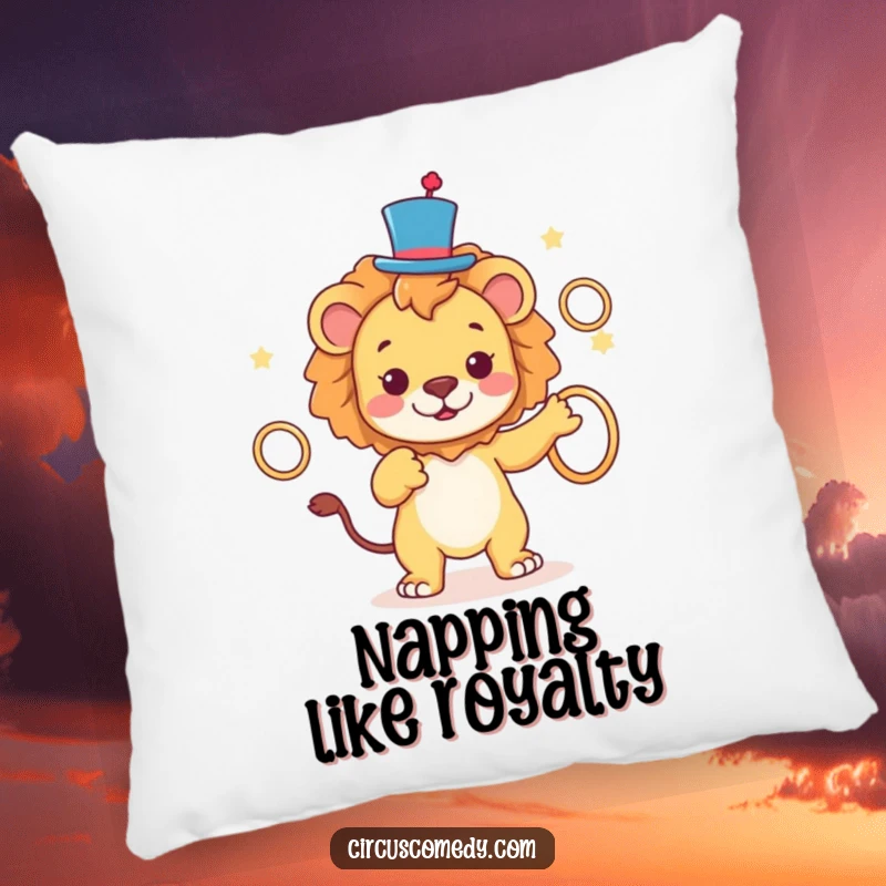 Funny Lion Top Hat Pillow depicting a dapper lion juggling rings, providing soft comfort and humorous decor, a perfect funny gift.
