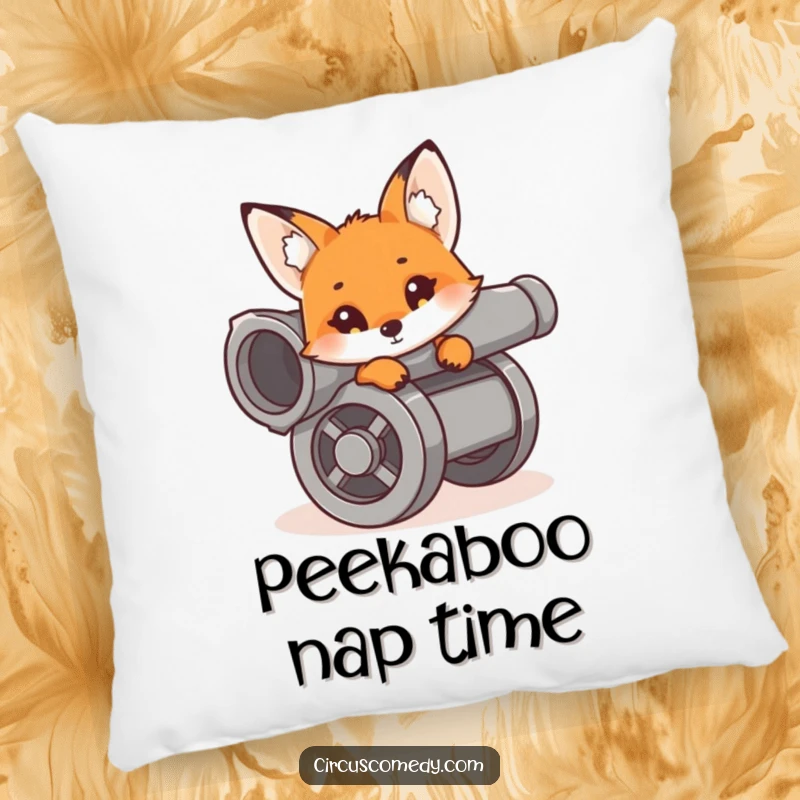 A curious fox peeking from a cannon, looking ready for anything, providing comfort and humor as a decorative pillow.