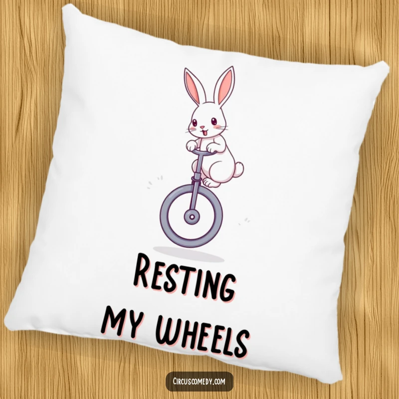 Funny rabbit pillow depicting a determined rabbit with perked ears, balancing joyfully on a large unicycle, adding plush fun.
