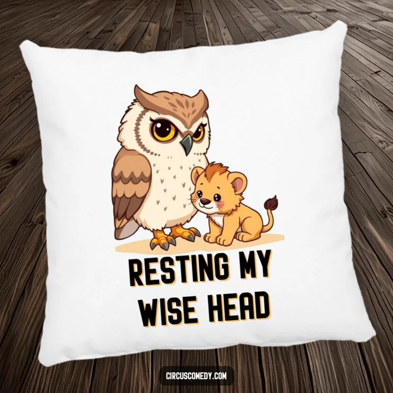 Funny pillow depicting a serious owl attempting to manage a tiny, playful lion cub, offering comfort and a humorous visual.