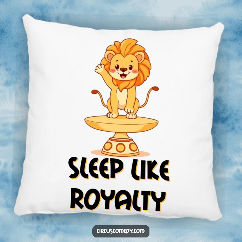 Funny lion pillow, captured balancing regally on a spinning plate, offering comfort with majestic humor, a fun decorative accent.