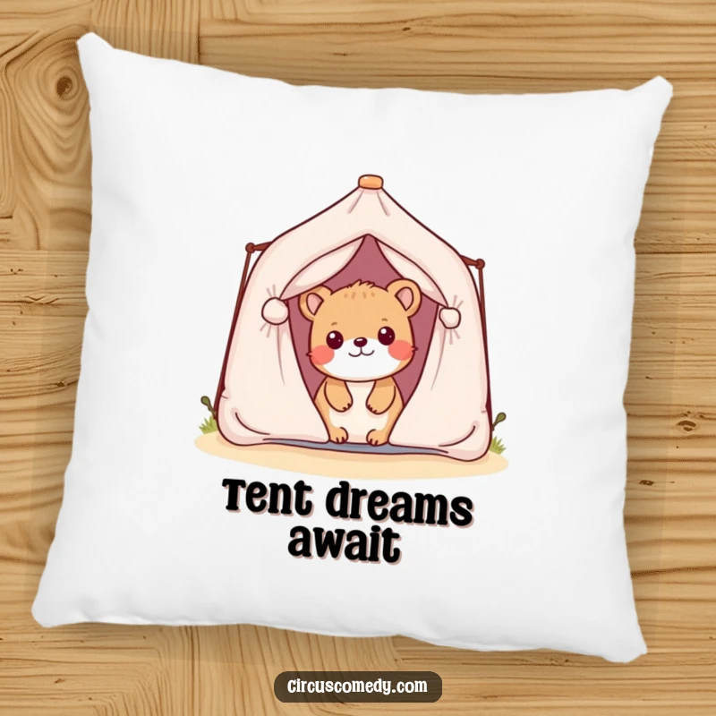 Funny decorative pillow with a playful animal peeking from behind a miniature tent, perfect for adding cozy humor.