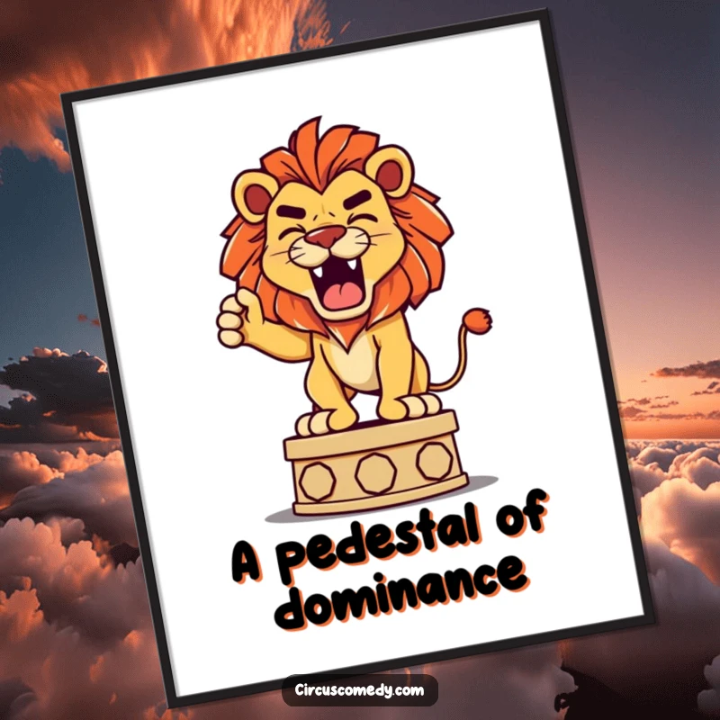 Funny digital art print of a determined lion playfully roaring from a pedestal, capturing a moment of fierce fun.