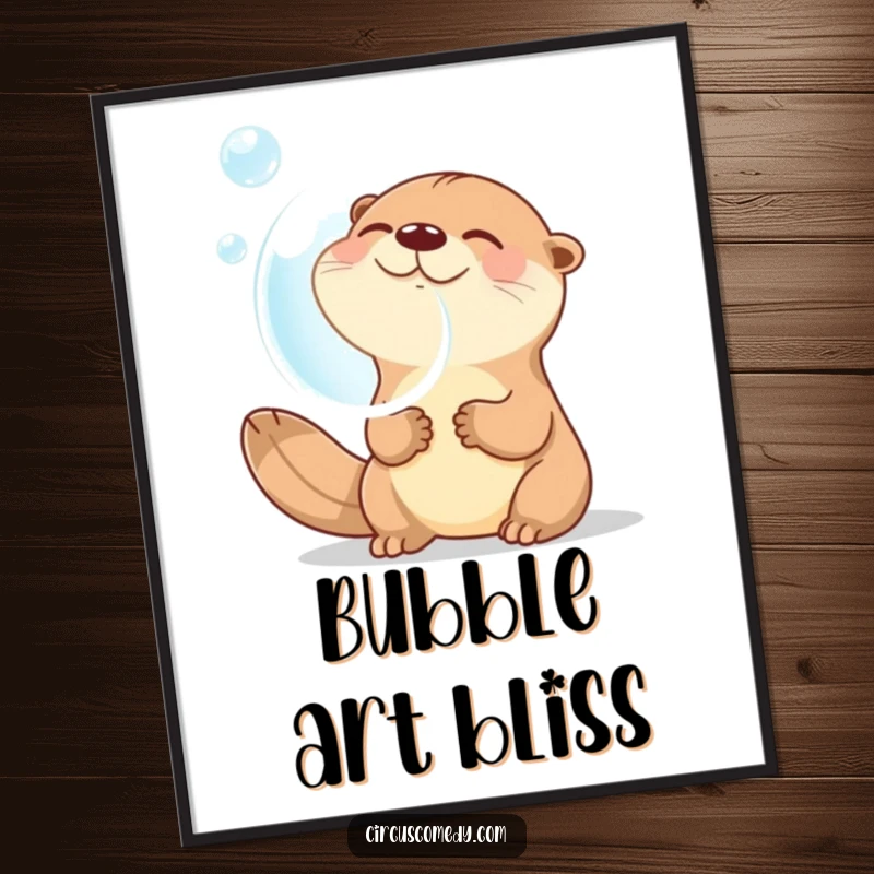Funny digital art print of a hysterically laughing otter blowing a huge, transparent bubble, perfect for immediate whimsical wall decor.