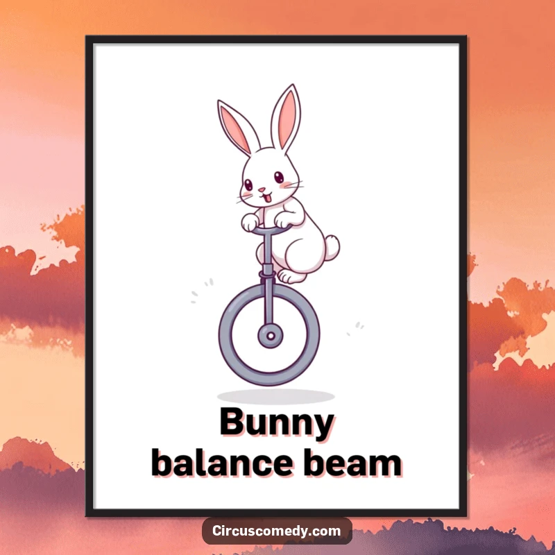 Funny rabbit digital art print of a determined rabbit with perked ears, balancing on a large unicycle, creating cheerful wall art.