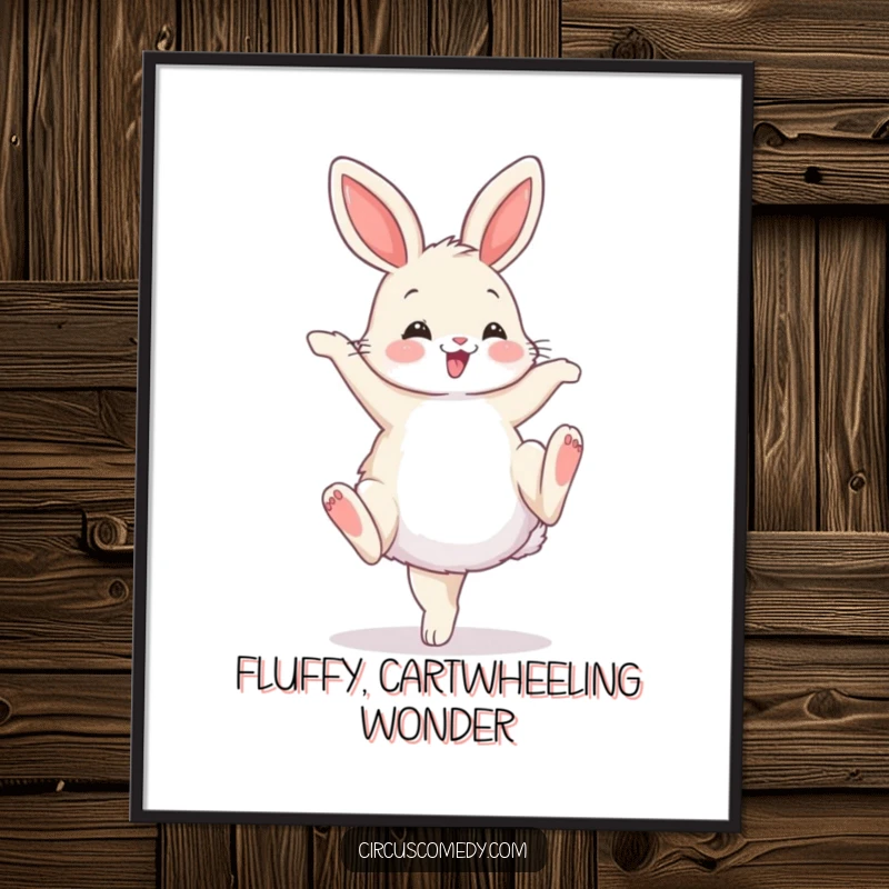 Funny digital art print of a fluffy bunny performing a cartwheel with a flourish, capturing a moment of pure, bouncy fun.
