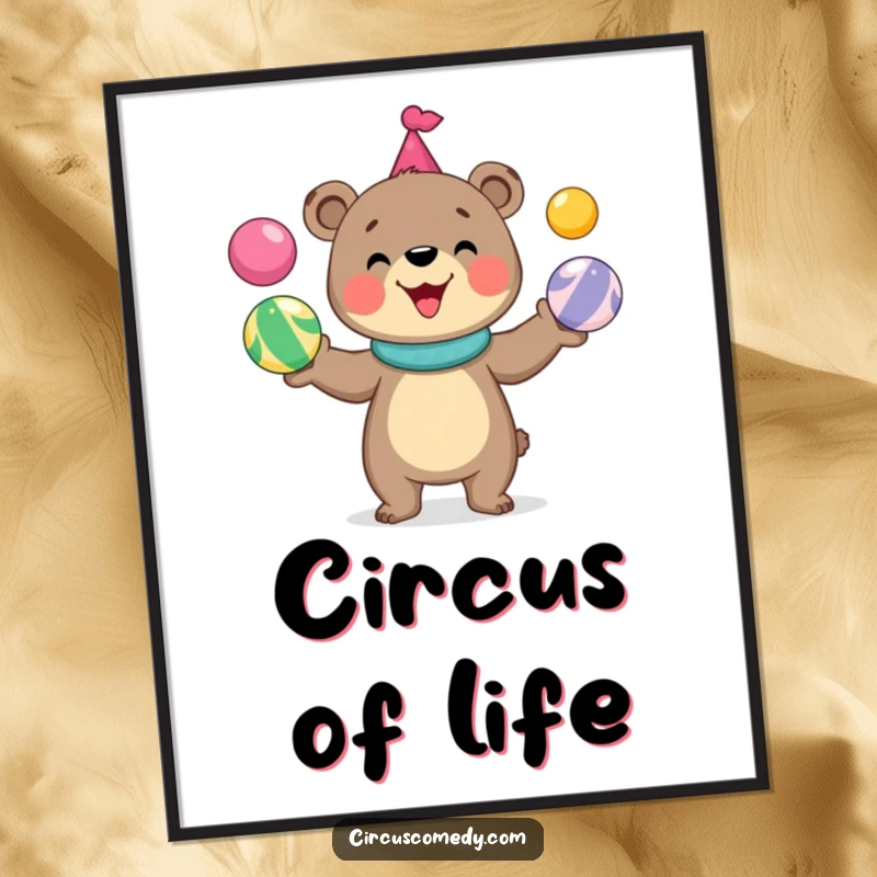 Funny bear digital art print of a cute, grinning bear performing a circus juggling act with colorful balls, creating cheerful wall art.