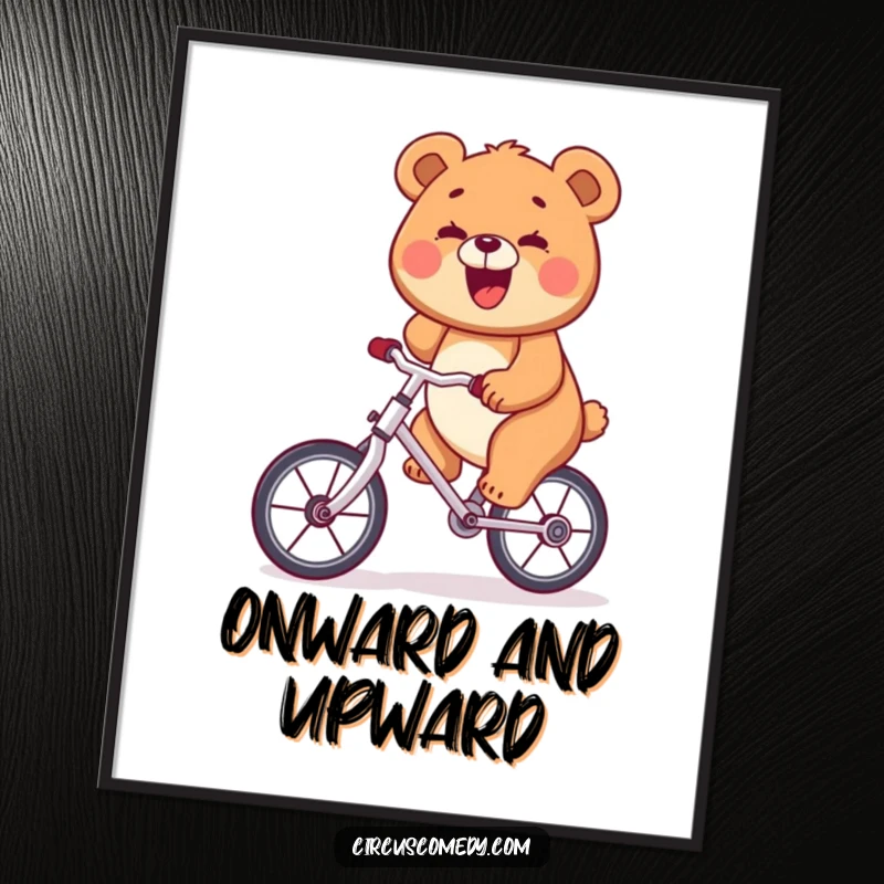 Funny bear with a big smile riding a unicycle, digital art print, cheerful and humorous decor.