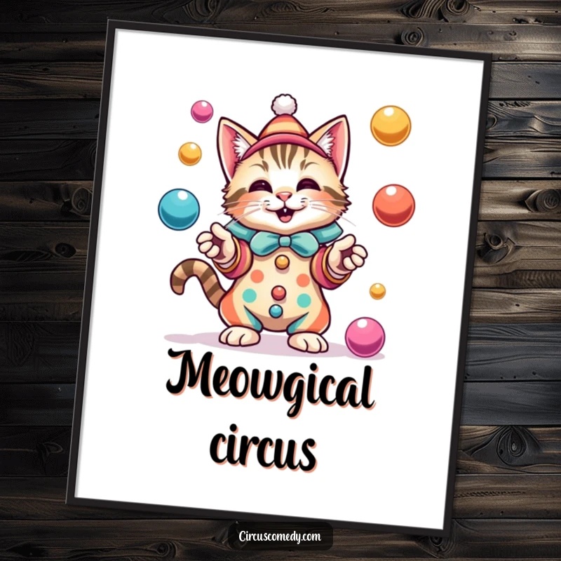 Funny cat in a colorful clown costume, joyfully juggling multiple vibrant balls with an expression of pure, unadulterated delight.