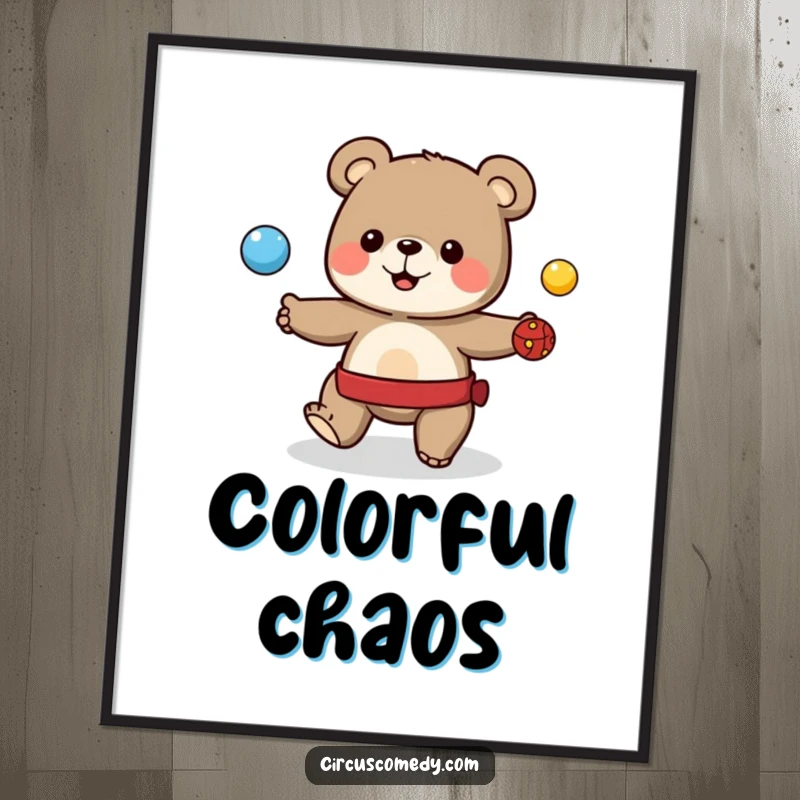 Funny digital art of a cute bear juggling colorful balls in the center ring, perfect for circus decor.