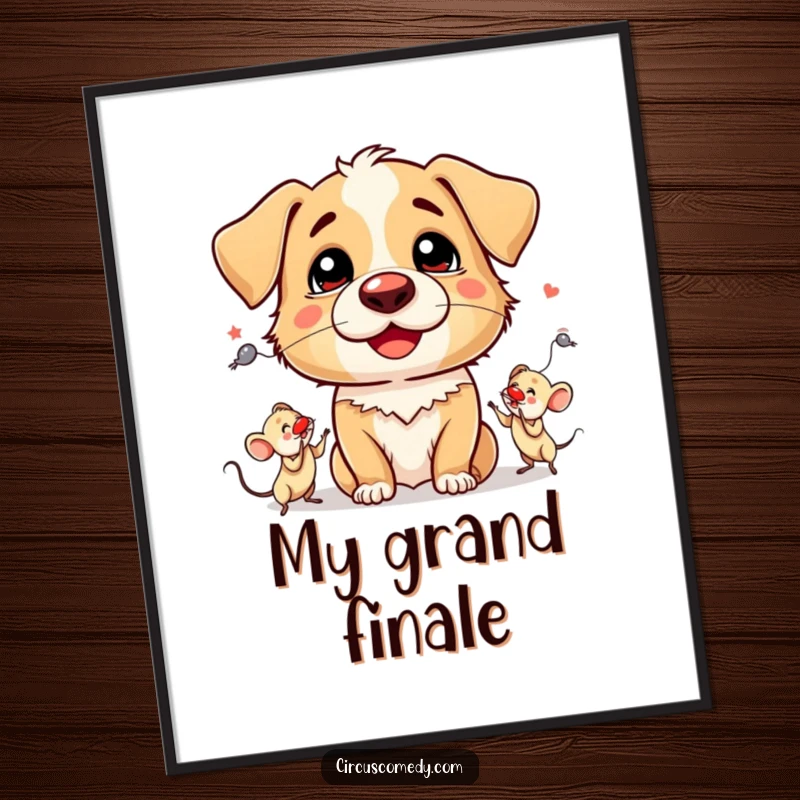 Funny Digital Art Print: A silly dog with a red clown nose, comically juggling three tiny mice.