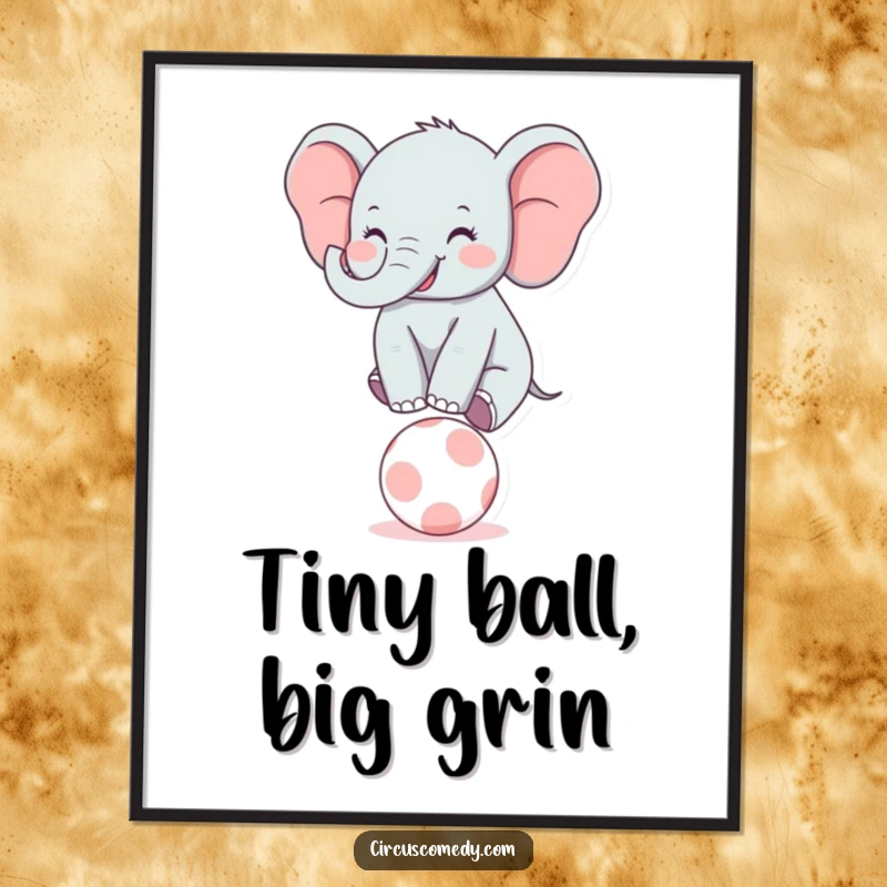 Funny Elephant Balancer Digital Art Print: High-quality digital art of a smiling elephant gracefully balancing on a miniature ball.